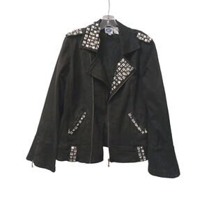 DG2 Y2K Denim Jacket Sz M BLACK Punk Rock Boxy Moto BLING BEADED Goth Retro VNTG